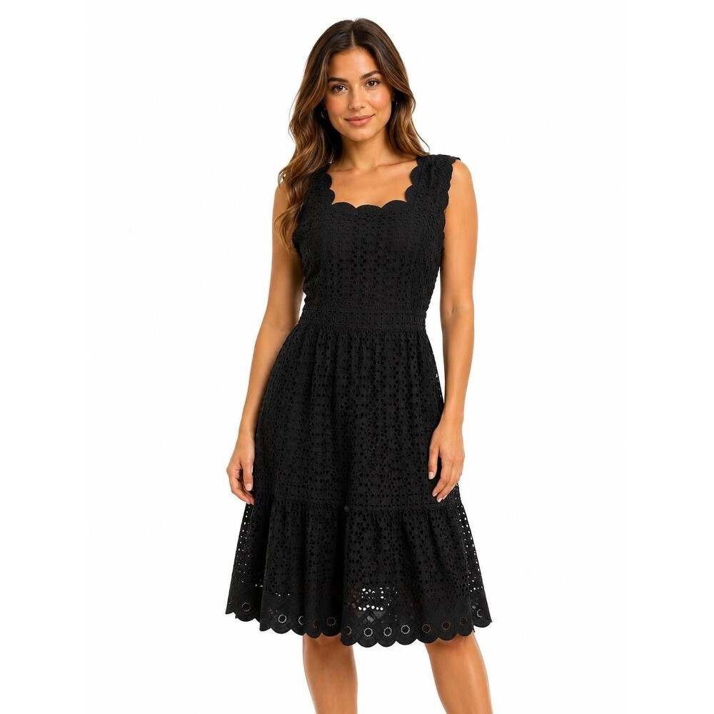 Talbots Women's Black Eyelet Cotton Midi Dress Scallop Hem Size 14
